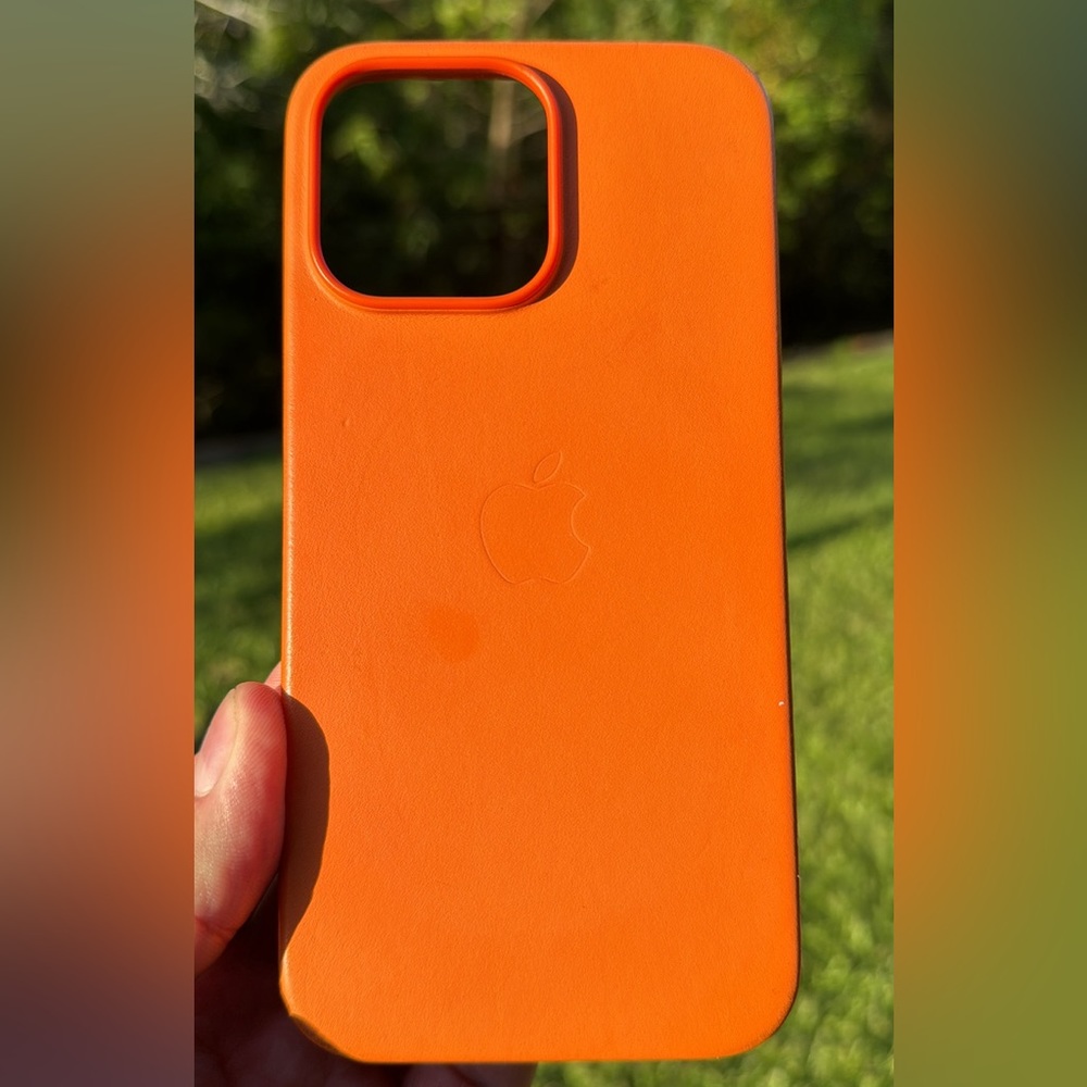 iPhone 14 pro max case in orange. Genuine leather Apple case.